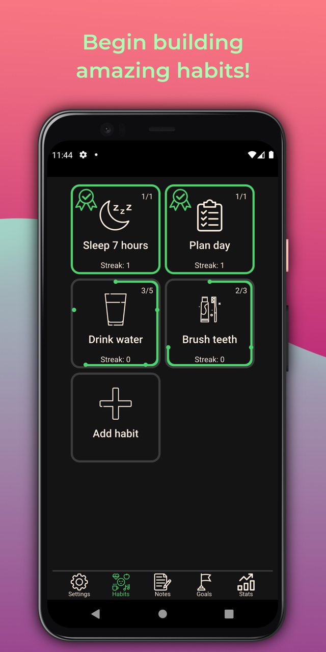 Original 100 Days habit grid with completion counts and streaks